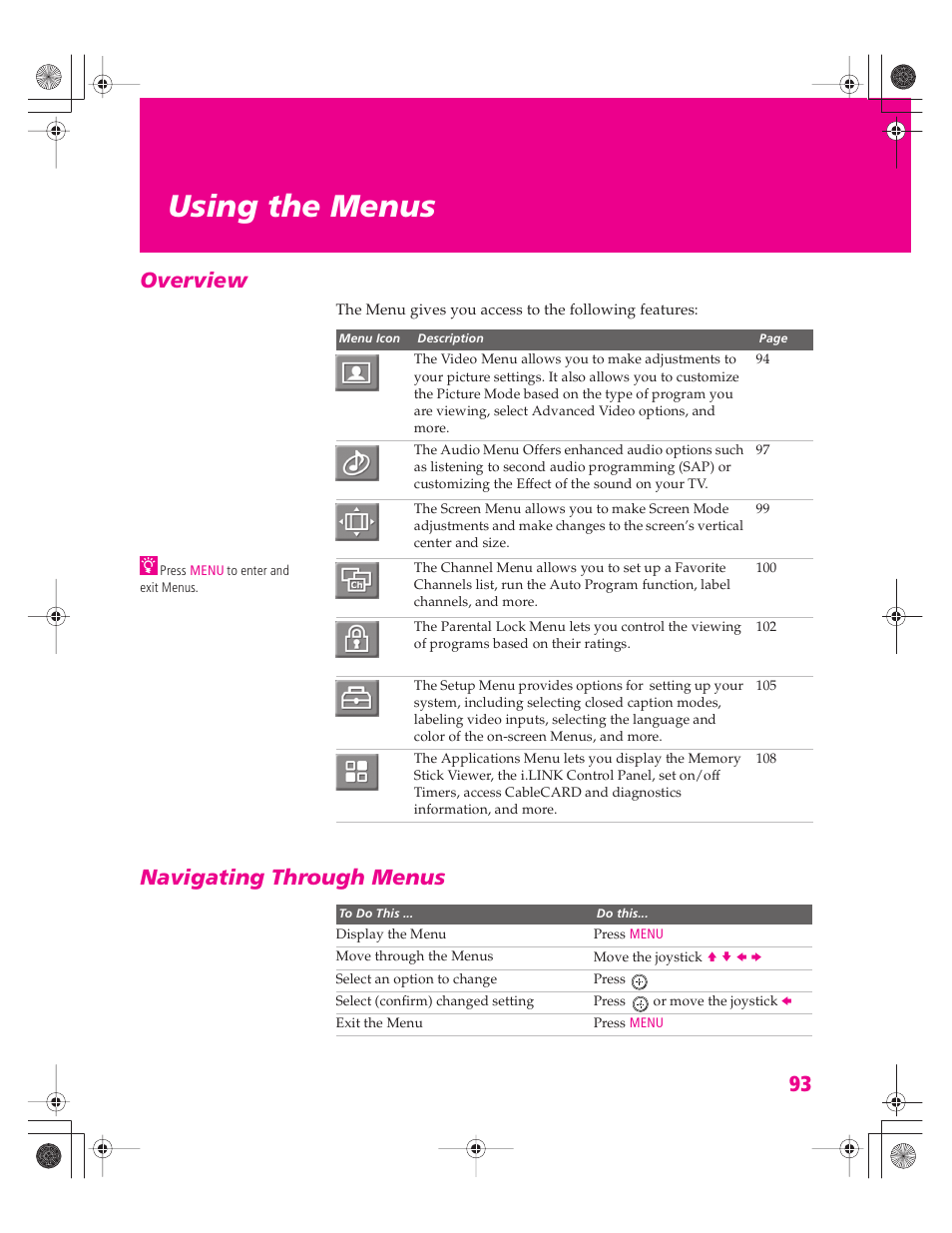 Using the menus, Overview, Navigating through menus | Overview navigating through menus | Sony KD-34XBR960N User Manual | Page 94 / 127