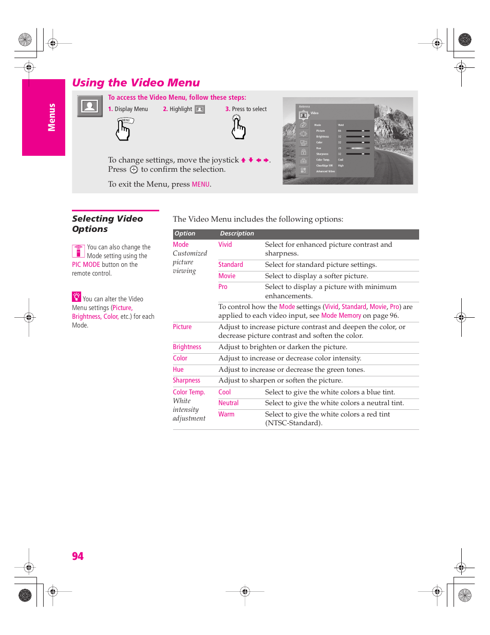 Using the video menu, Selecting video options | Sony KD-34XBR960N User Manual | Page 95 / 127