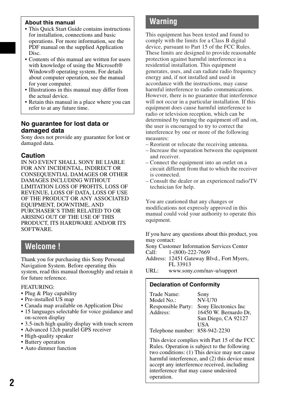 Welcome, Warning | Sony NV-U70 User Manual | Page 2 / 68