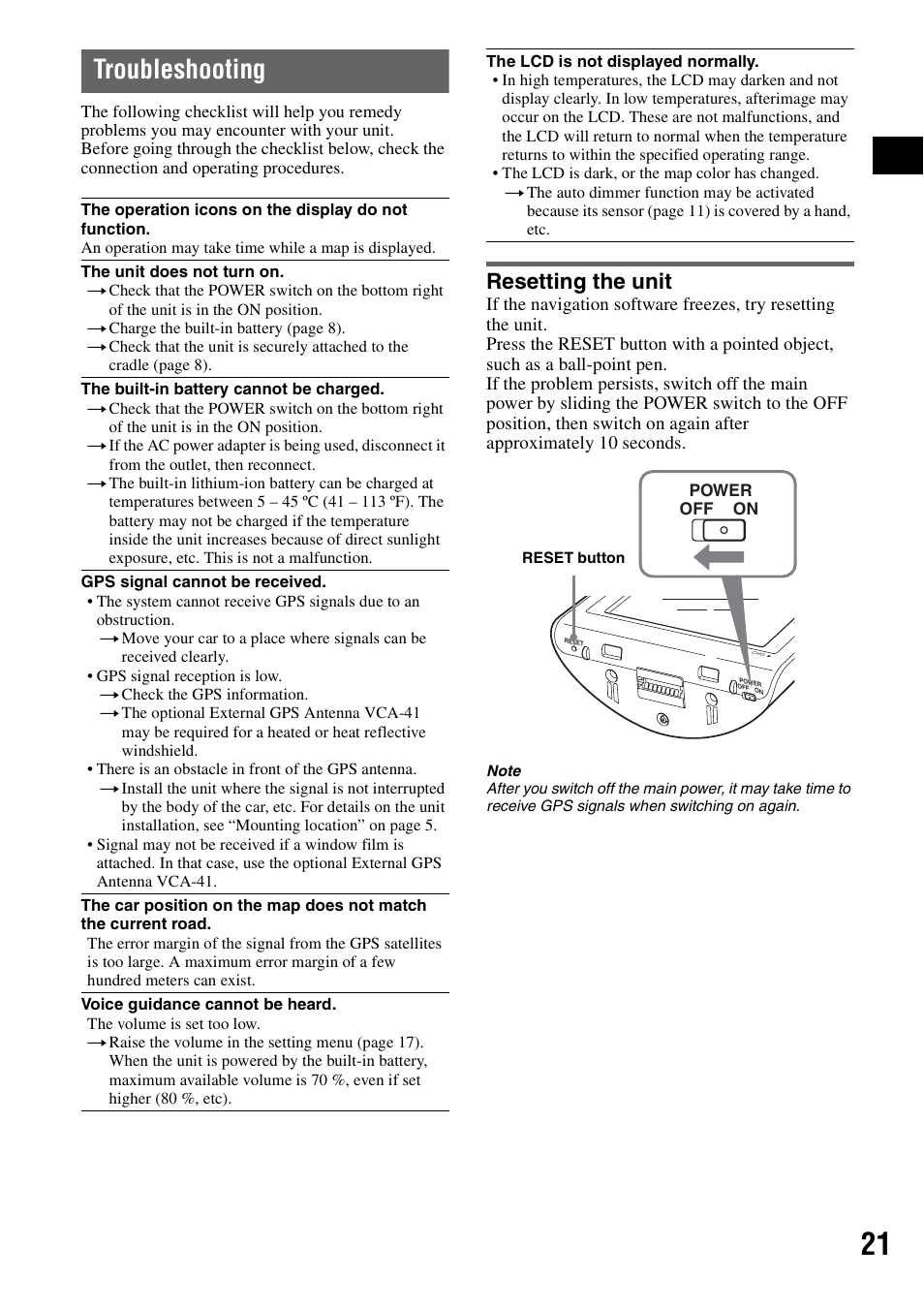 Troubleshooting, Resetting the unit | Sony NV-U70 User Manual | Page 21 / 68