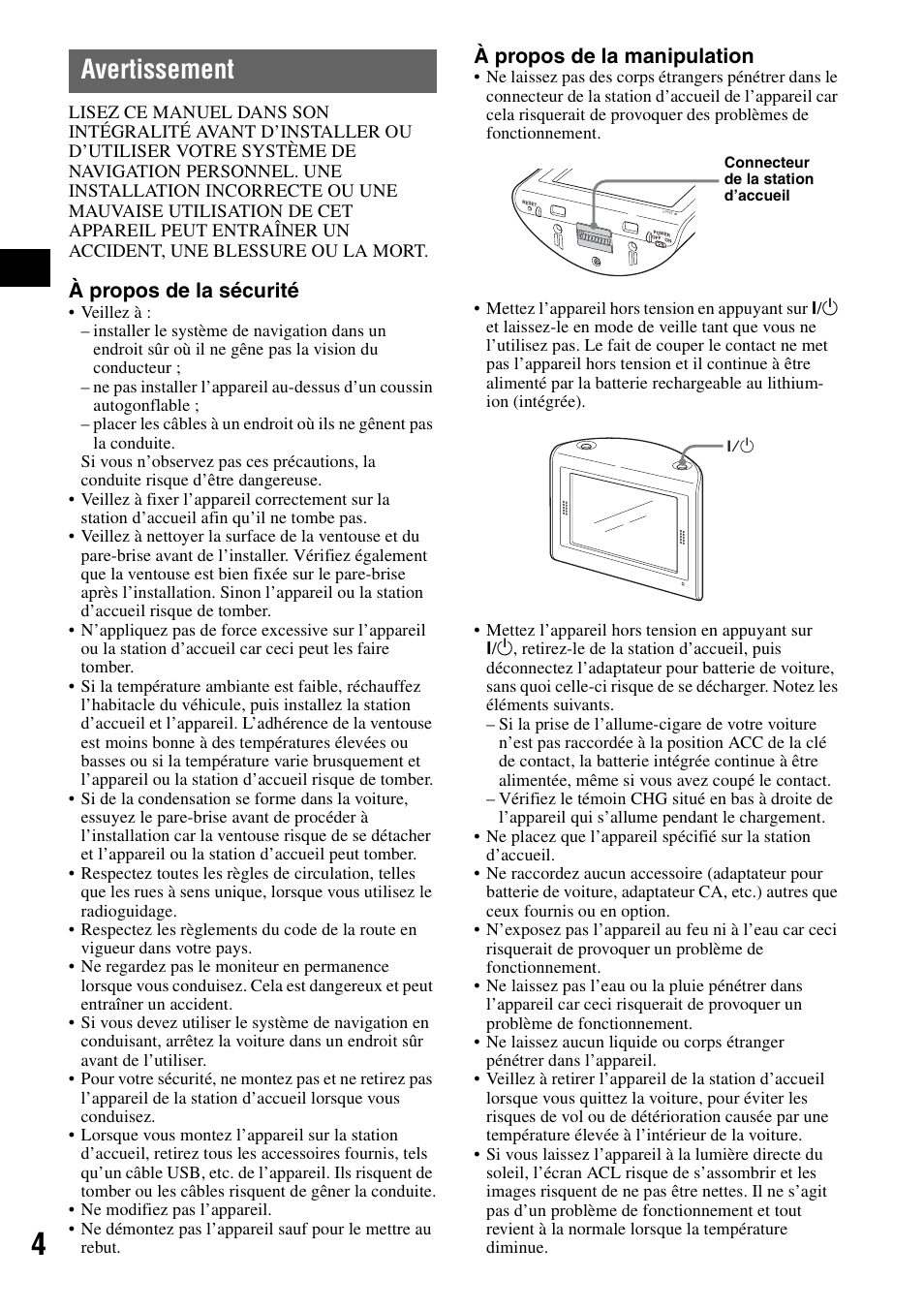 Avertissement, À propos de la sécurité, À propos de la manipulation | Sony NV-U70 User Manual | Page 24 / 68