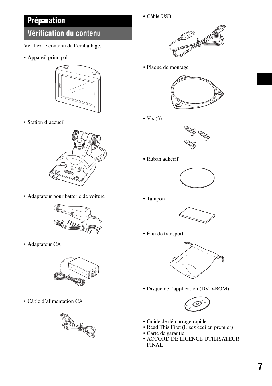 Préparation, Vérification du contenu, Préparation vérification du contenu | Sony NV-U70 User Manual | Page 27 / 68