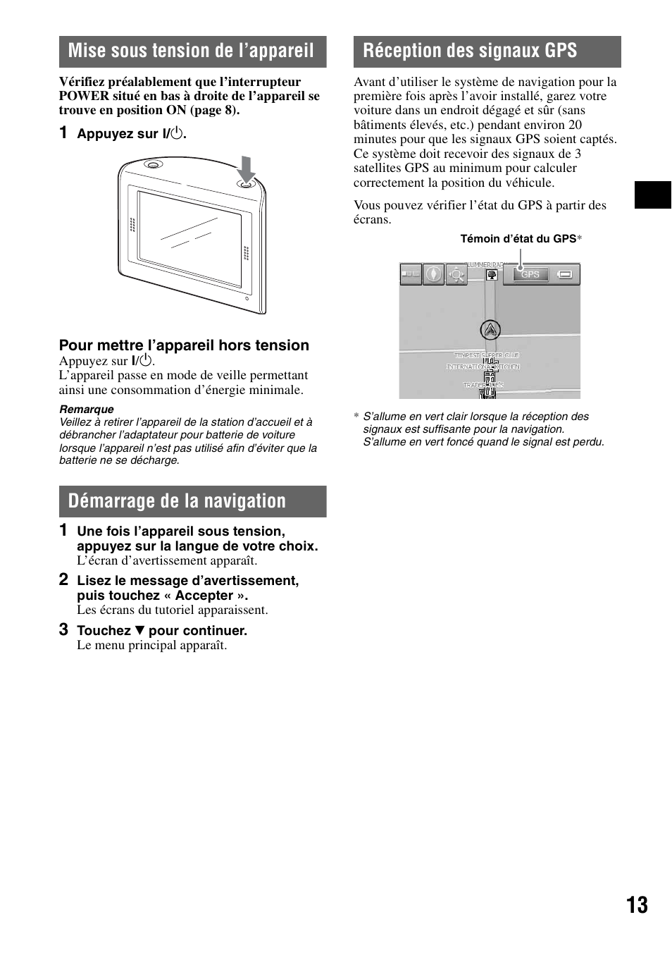 Mise sous tension de l’appareil, Démarrage de la navigation, Réception des signaux gps | Sony NV-U70 User Manual | Page 33 / 68