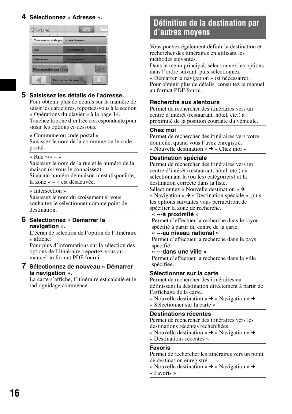 Définition de la destination par d’autres moyens, Définition de la destination par d’autres, Moyens | Sony NV-U70 User Manual | Page 36 / 68