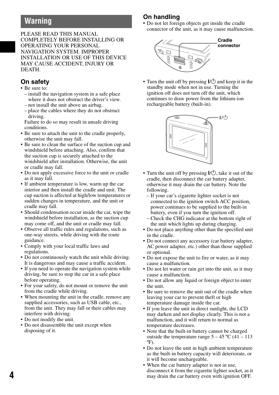 Warning, On safety, On handling | Sony NV-U70 User Manual | Page 4 / 68