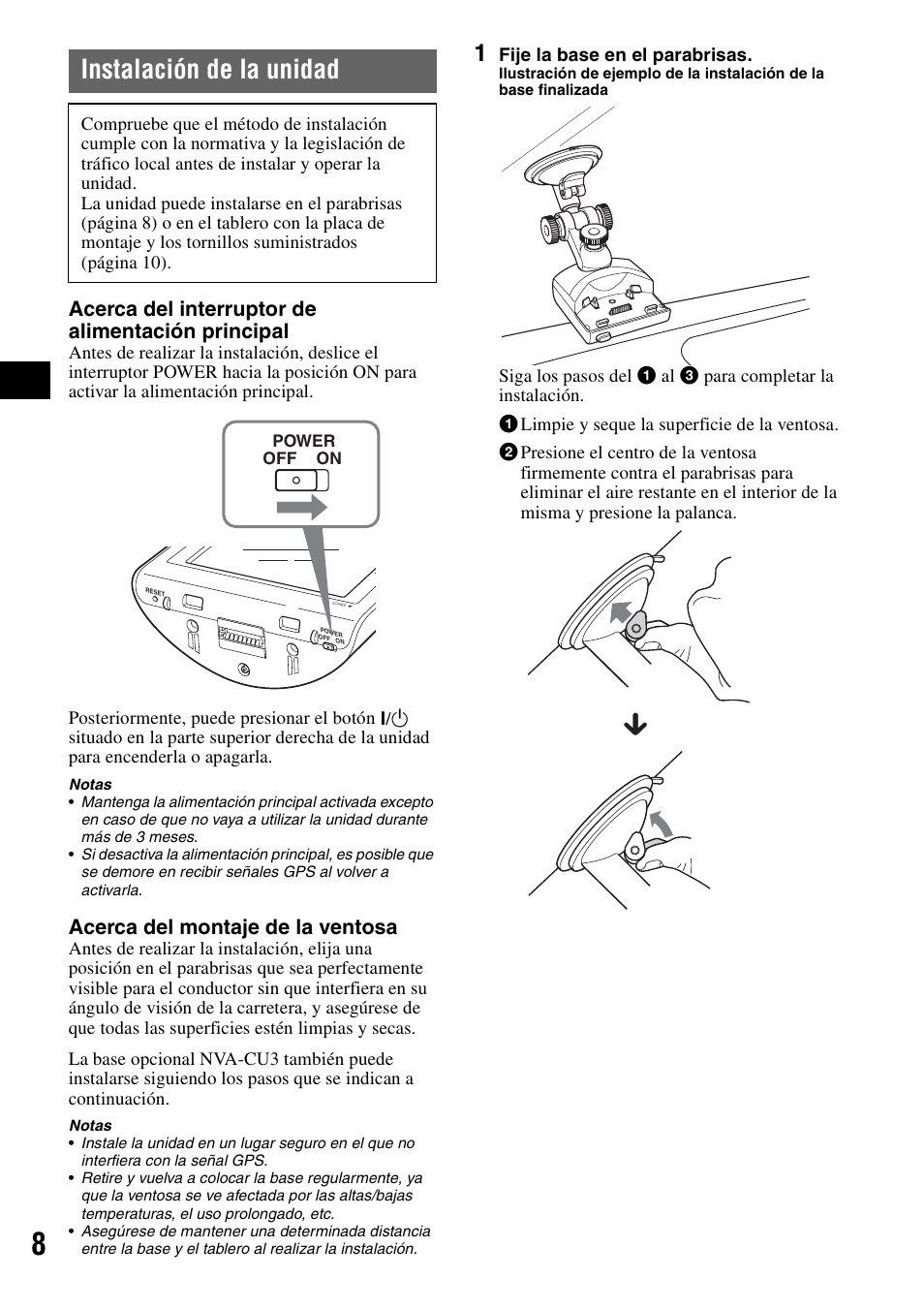 Instalación de la unidad, Acerca del interruptor de alimentación principal, Acerca del montaje de la ventosa | Sony NV-U70 User Manual | Page 50 / 68