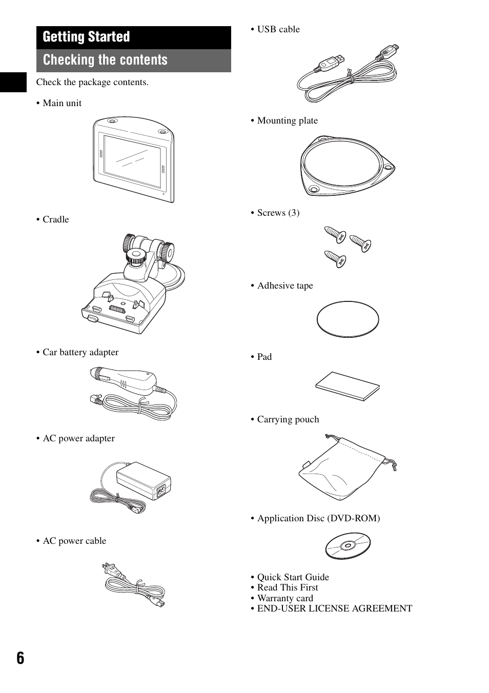 Getting started, Checking the contents, Getting started checking the contents | Sony NV-U70 User Manual | Page 6 / 68