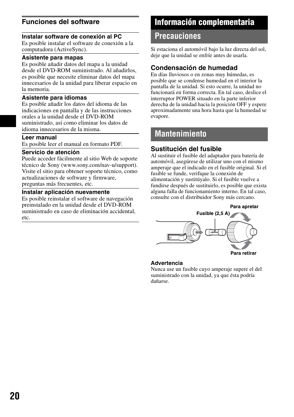 Funciones del software, Información complementaria, Precauciones | Mantenimiento, Precauciones mantenimiento, Información complementaria precauciones | Sony NV-U70 User Manual | Page 62 / 68