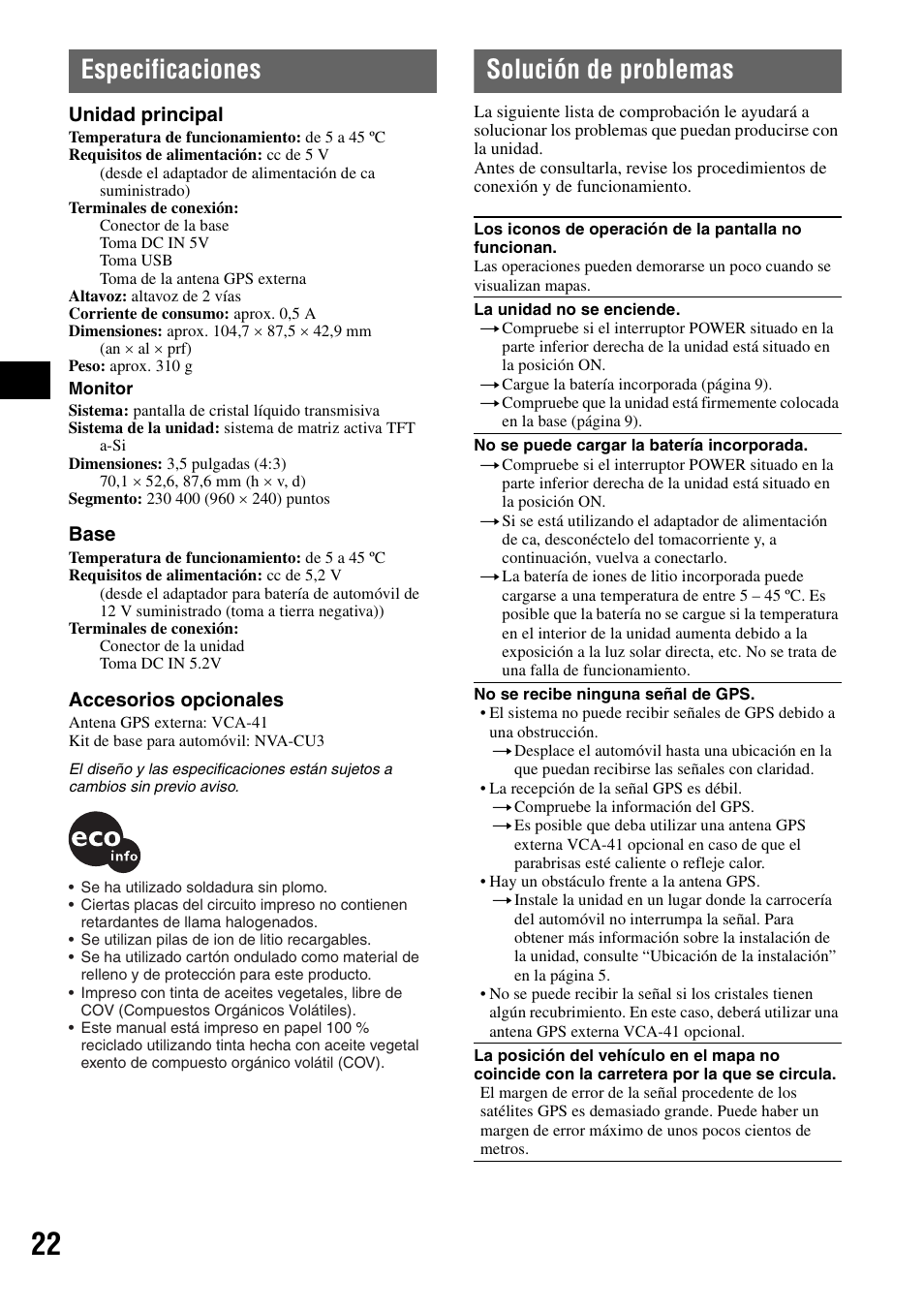 Especificaciones, Solución de problemas, Especificaciones solución de problemas | Sony NV-U70 User Manual | Page 64 / 68