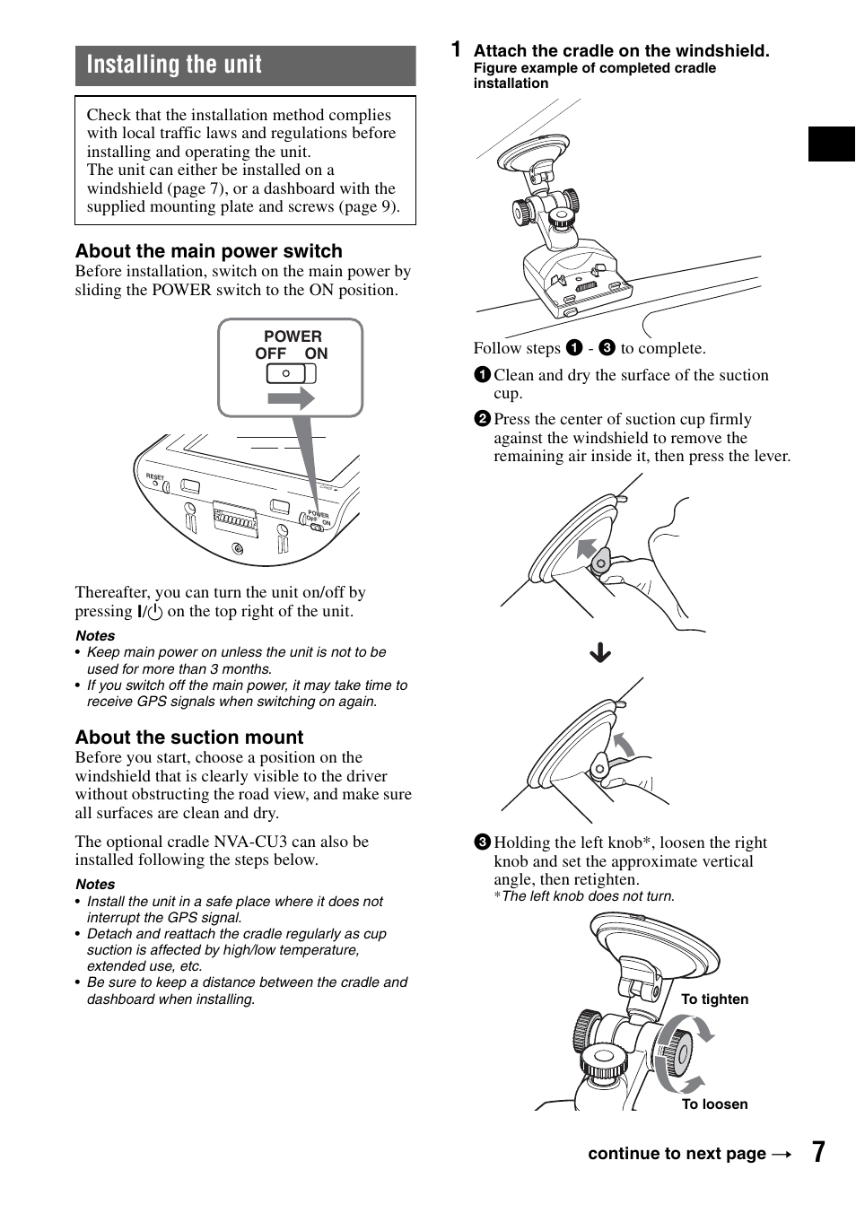 Installing the unit, About the main power switch, About the suction mount | Sony NV-U70 User Manual | Page 7 / 68