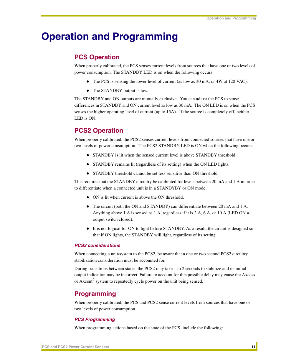 Operation and programming, Pcs operation, Pcs2 operation | Pcs2 considerations, Programming, Pcs programming | AMX Power Current Sensors PCS User Manual | Page 15 / 18