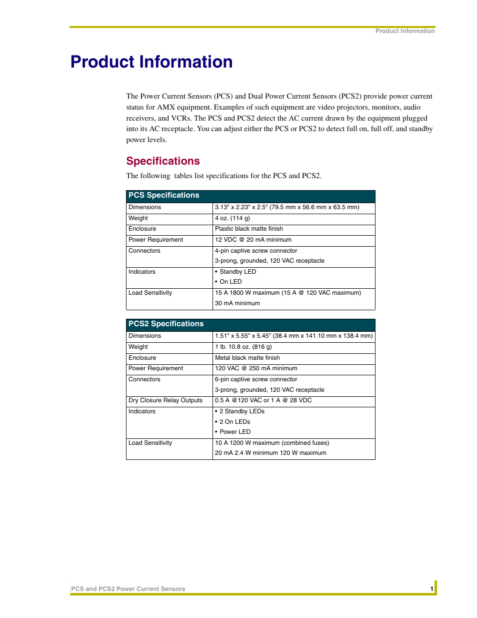 Product information, Specifications | AMX Power Current Sensors PCS User Manual | Page 5 / 18