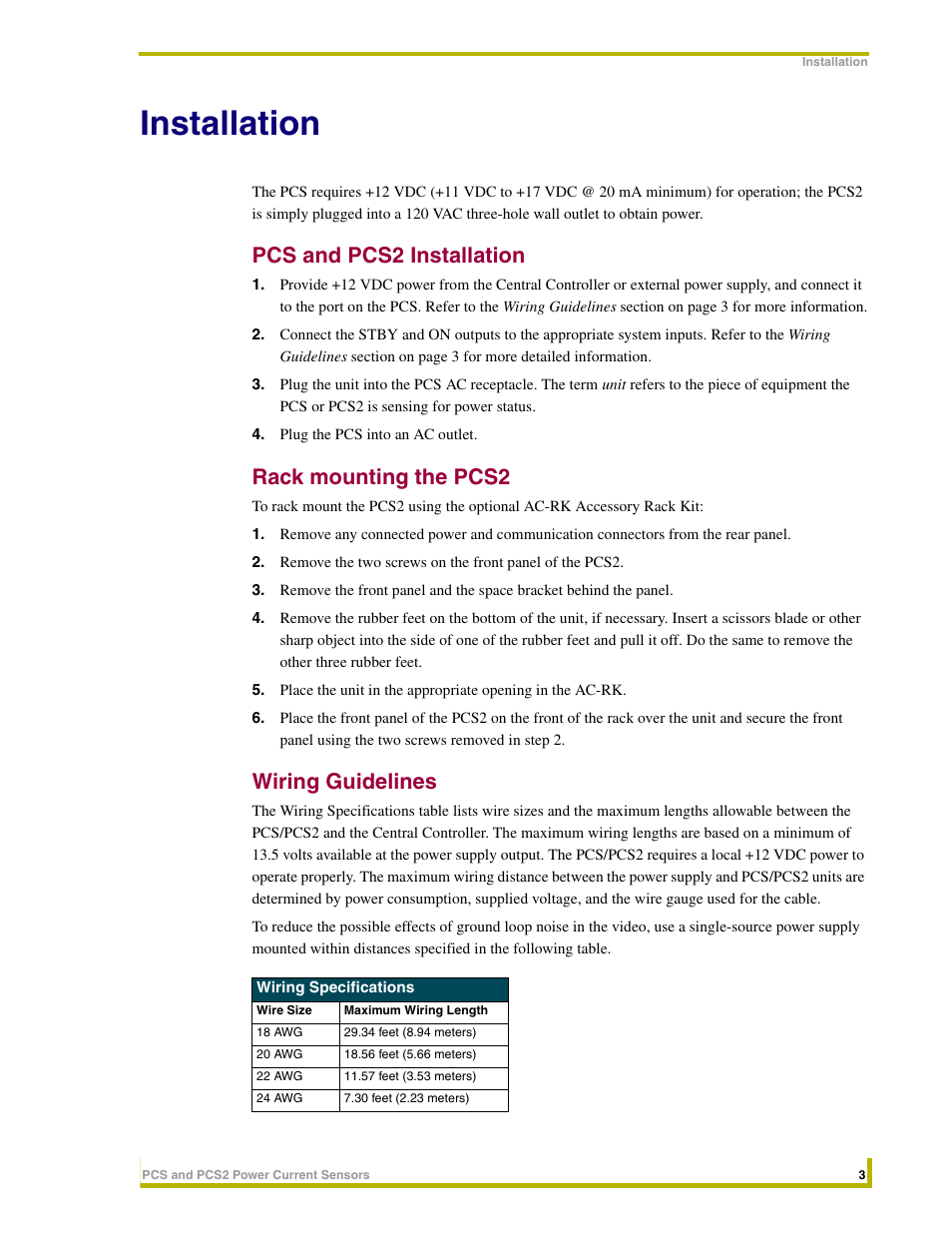 Installation, Pcs and pcs2 installation, Rack mounting the pcs2 | Wiring guidelines | AMX Power Current Sensors PCS User Manual | Page 7 / 18