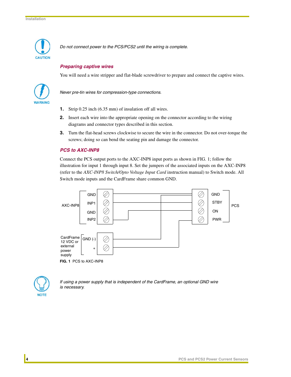 Preparing captive wires, Pcs to axc-inp8 | AMX Power Current Sensors PCS User Manual | Page 8 / 18