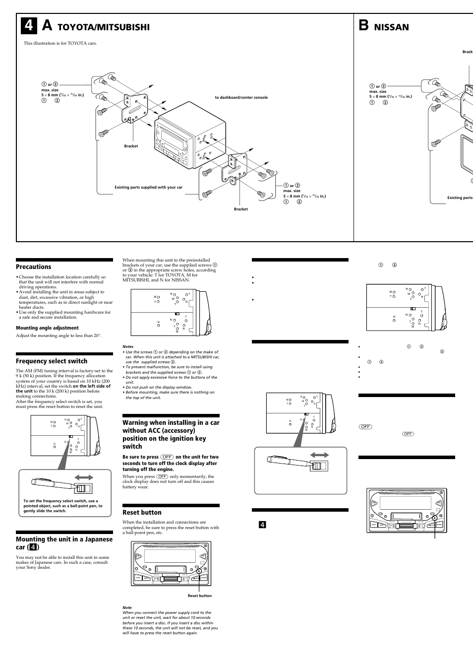 Toyota/mitsubishi, Nissan, Seek/ams | Reset button, 安裝在點火鑰匙開關上沒有 acc （輔助）位置的汽車上時的警告, 重調按鈕, Precautions, Frequency select switch, Mounting the unit in a japanese car ( 4 ), 使用前注意事項 | Sony WX-4500X User Manual | Page 3 / 5