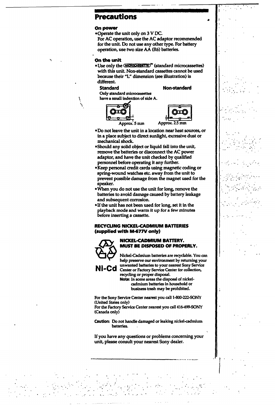 Precautions, On power, On the unit | Nickel-cadmium battery, Must be disposed of properly, Ni-cd | Sony M-527V User Manual | Page 10 / 14