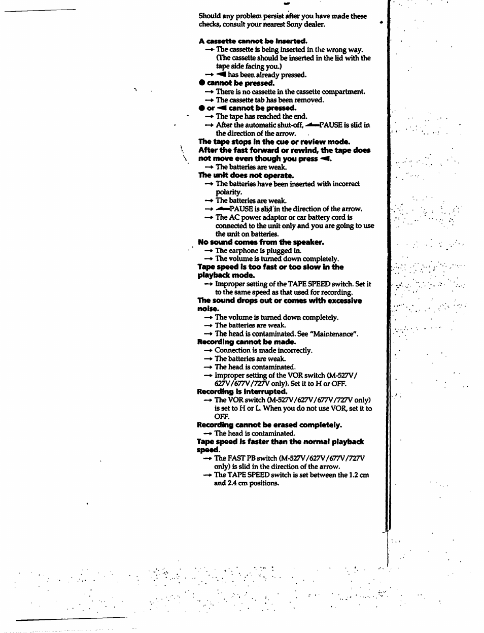 A cassette cannot be inserted | Sony M-527V User Manual | Page 11 / 14