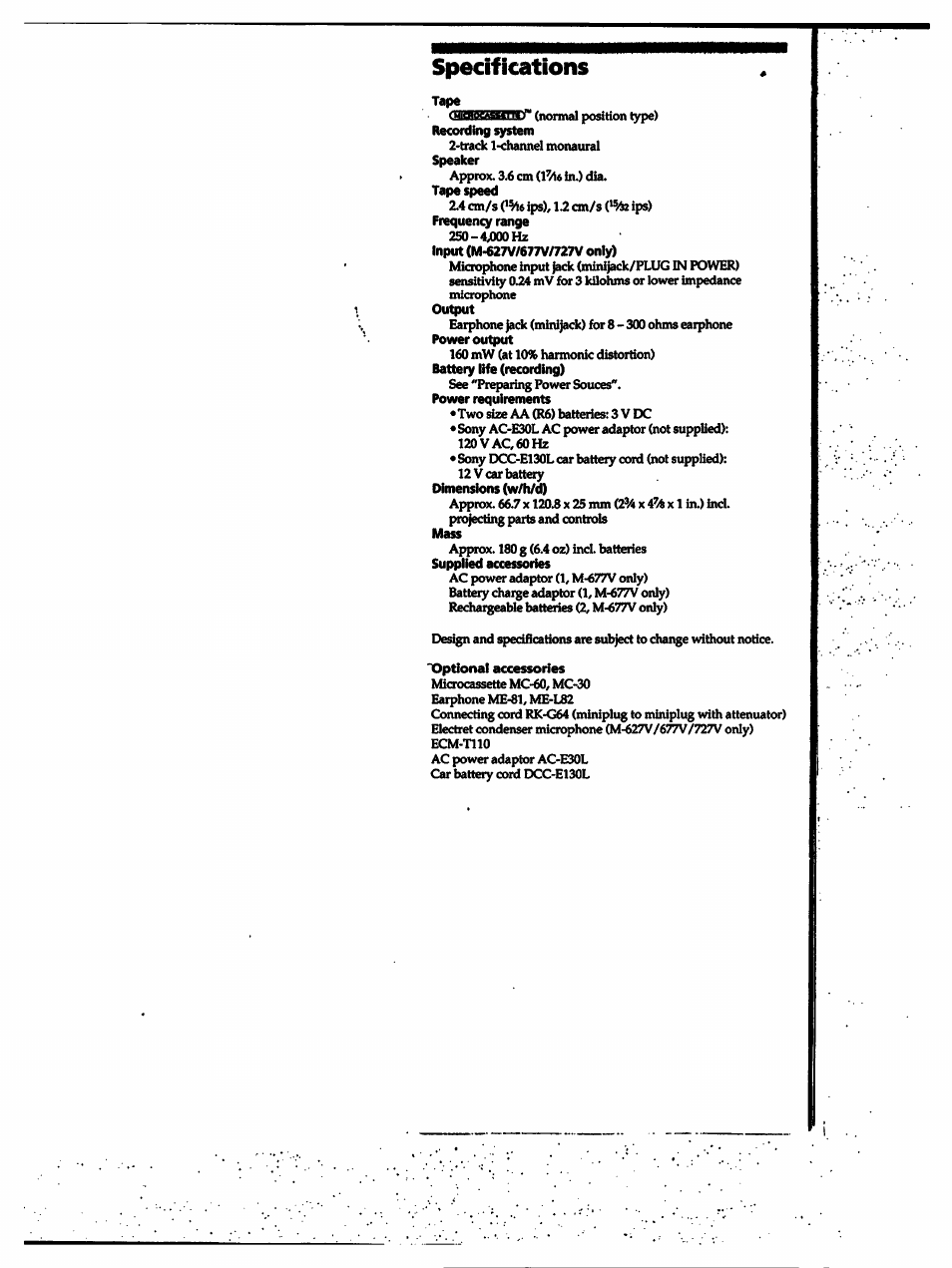 Specifications, Tape, Optional accessories | Sony M-527V User Manual | Page 13 / 14