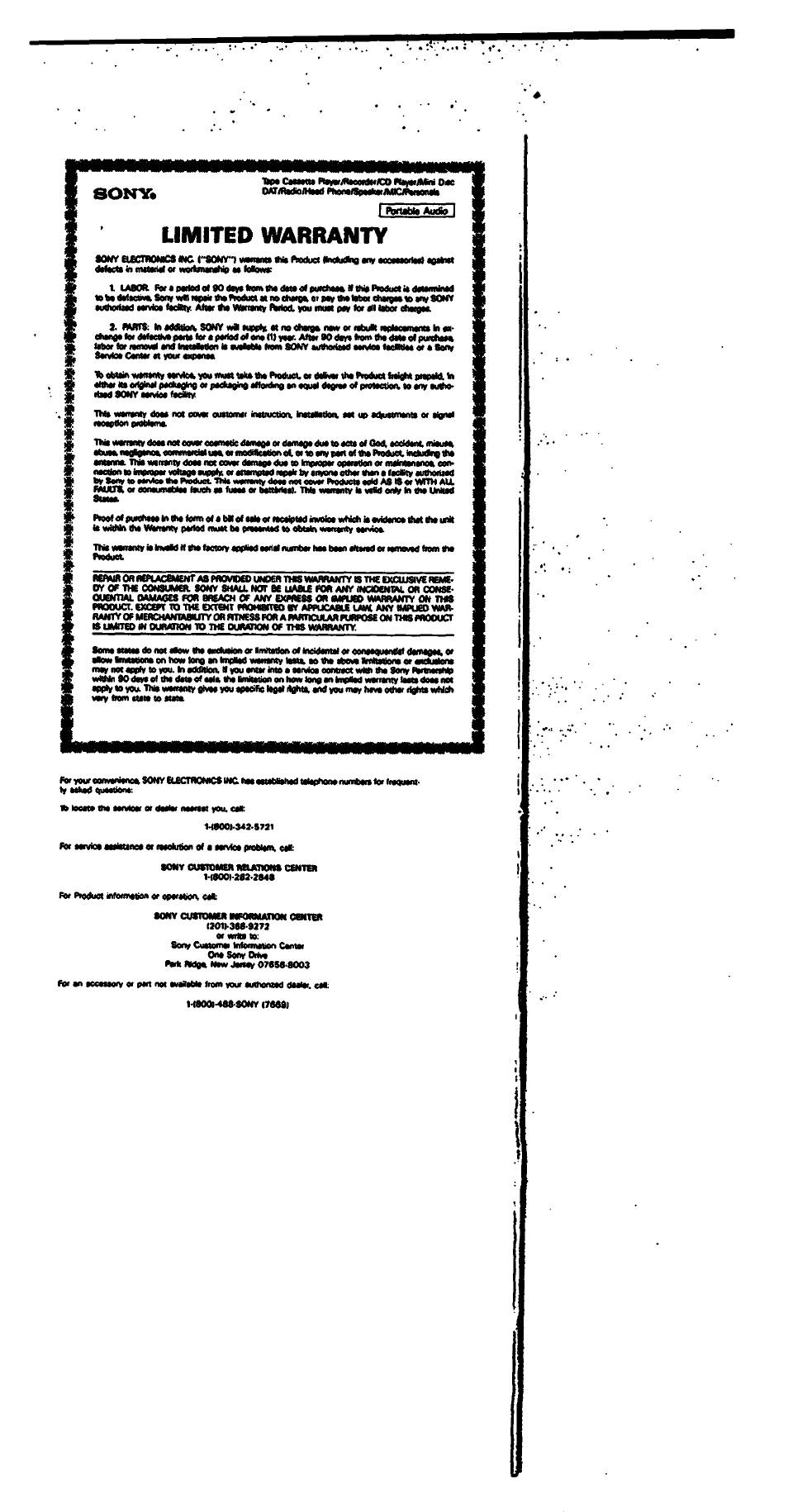 Limited warranty, Sony, Oataatfoalntf phoflt/^mksmicmnonil» î i | Port, Ompanaoi | Sony M-527V User Manual | Page 14 / 14