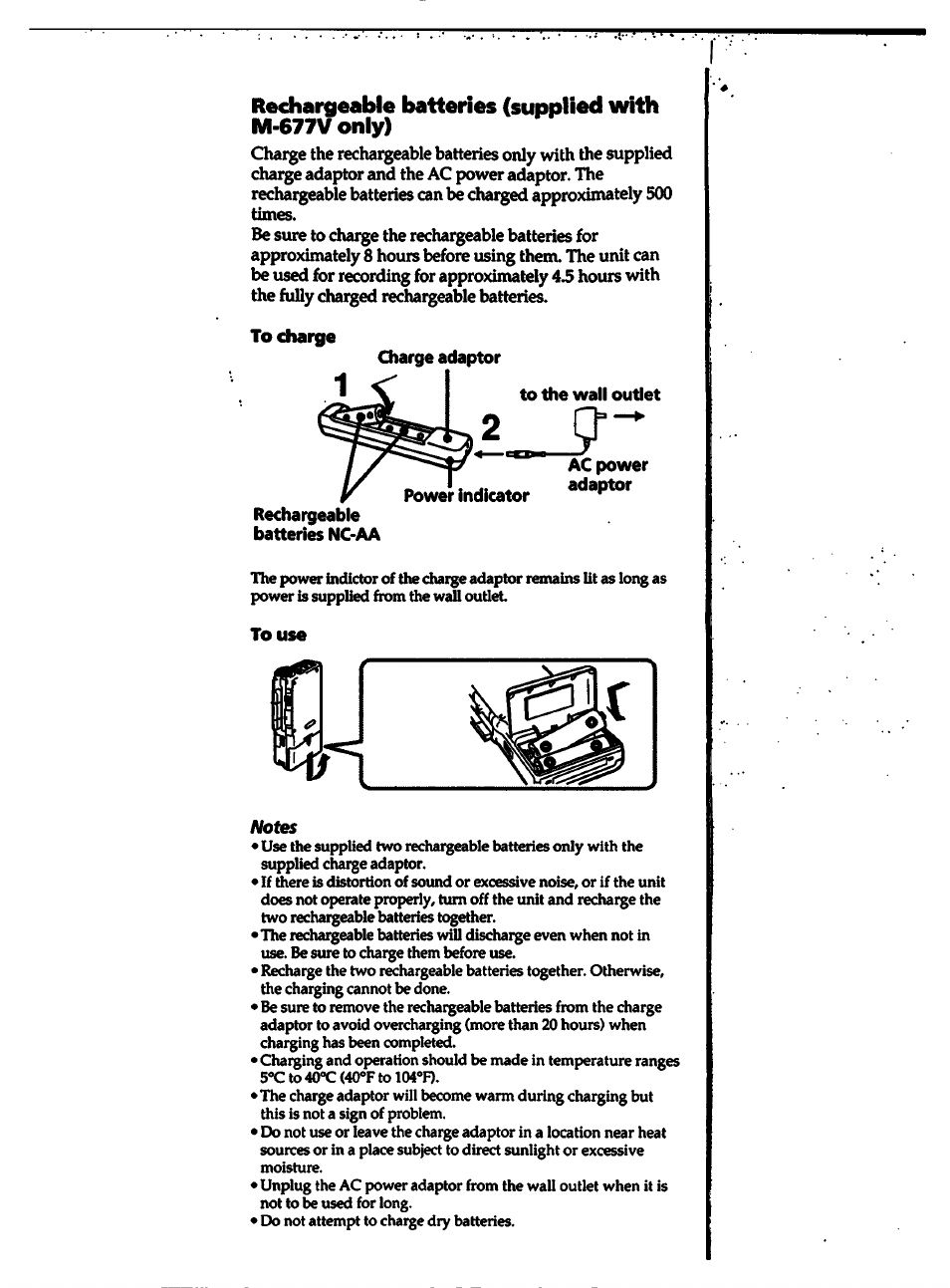 To charge, To the wall outlet, Ac power adaptor | Rechargeable batteries nc-aa, To use, Rechargeable batteries (supplied with m-677vonly) | Sony M-527V User Manual | Page 3 / 14