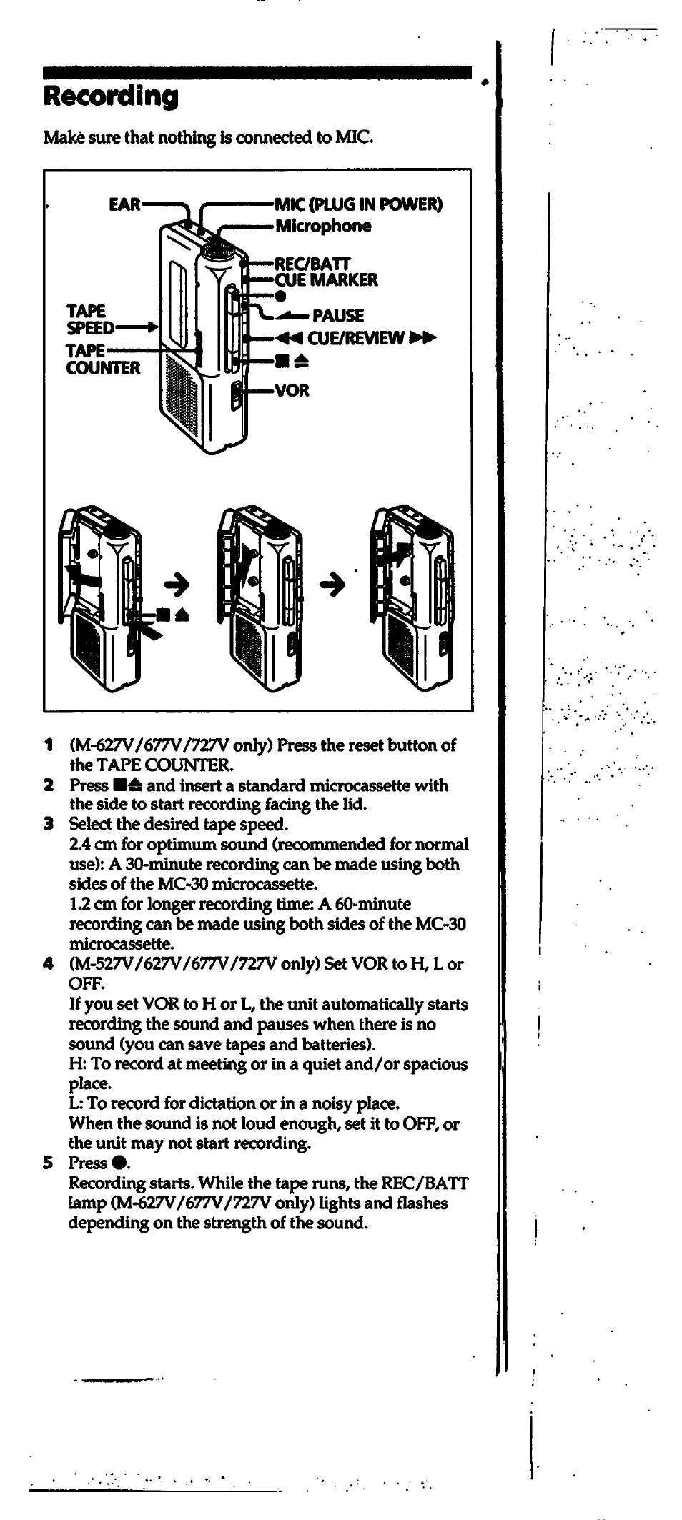 Recording, Tape counter, Mic(pluginpoweiq | Sony M-527V User Manual | Page 4 / 14