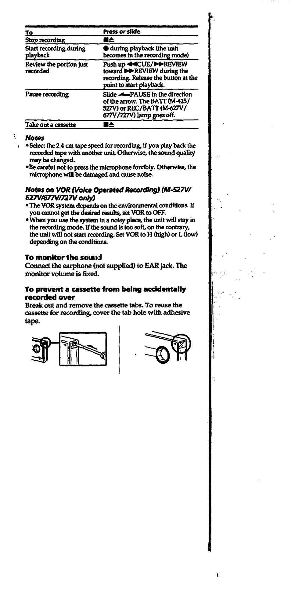 To monitor the sound, Votes | Sony M-527V User Manual | Page 5 / 14