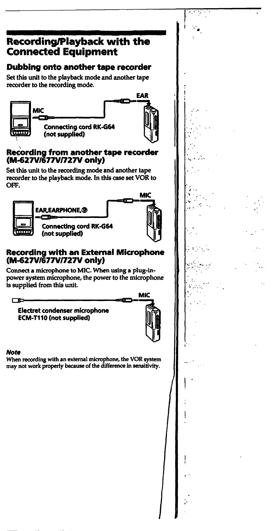 Recofxiing/playback with the connected equipment, Dubbing onto another tape recorder | Sony M-527V User Manual | Page 8 / 14