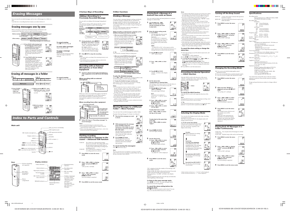 Erasing messages, Index to parts and controls, Erasing messages one by one | Erasing all messages in a folder | Sony ICD-B100 User Manual | Page 2 / 2