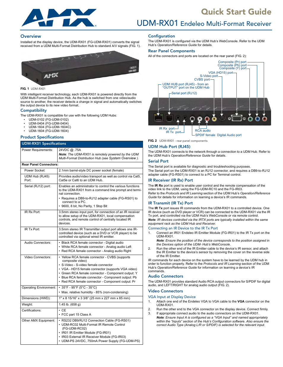 AMX Endeleo Multi-Format Receiver UDM-RX01 User Manual | 2 pages