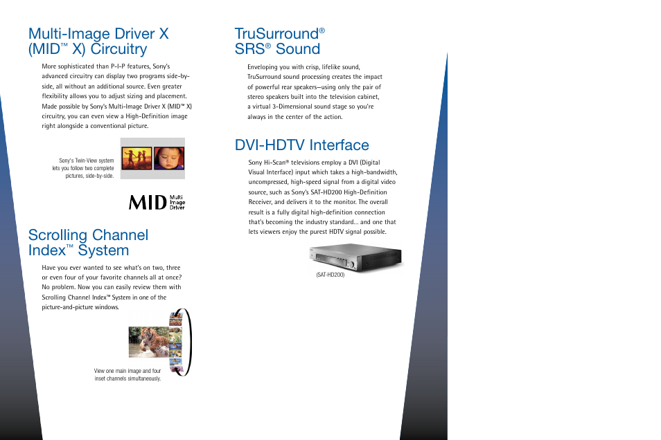 Scrolling channel index, System, Trusurround | Sound, Dvi-hdtv interface, Multi-image driver x (mid, X) circuitry | Sony KP-61HS30 User Manual | Page 5 / 6