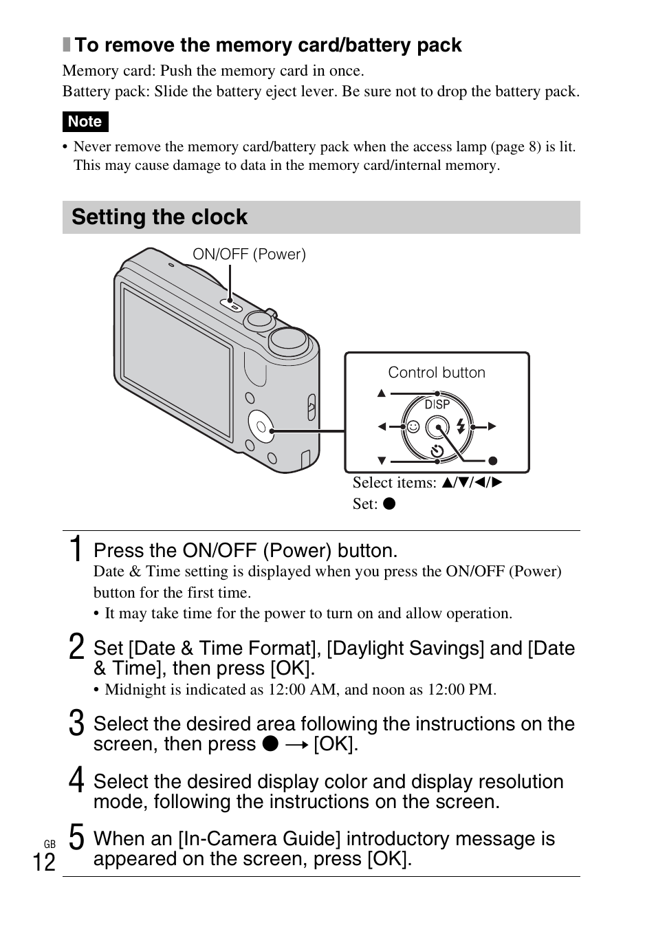 Setting the clock | Sony DSC-H70 User Manual | Page 12 / 48