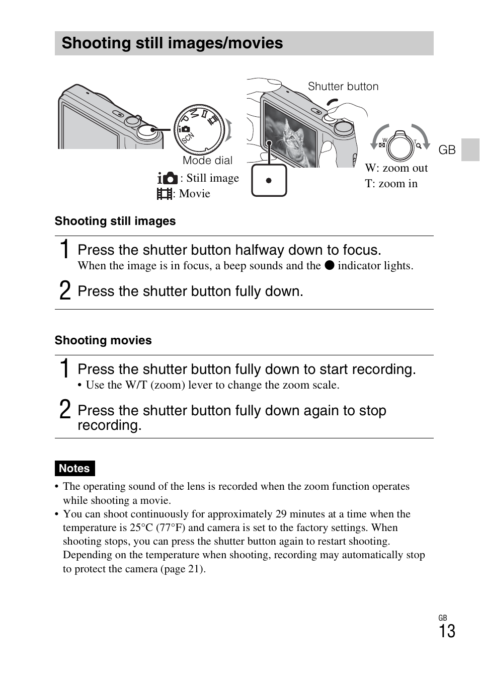 Shooting still images/movies | Sony DSC-H70 User Manual | Page 13 / 48