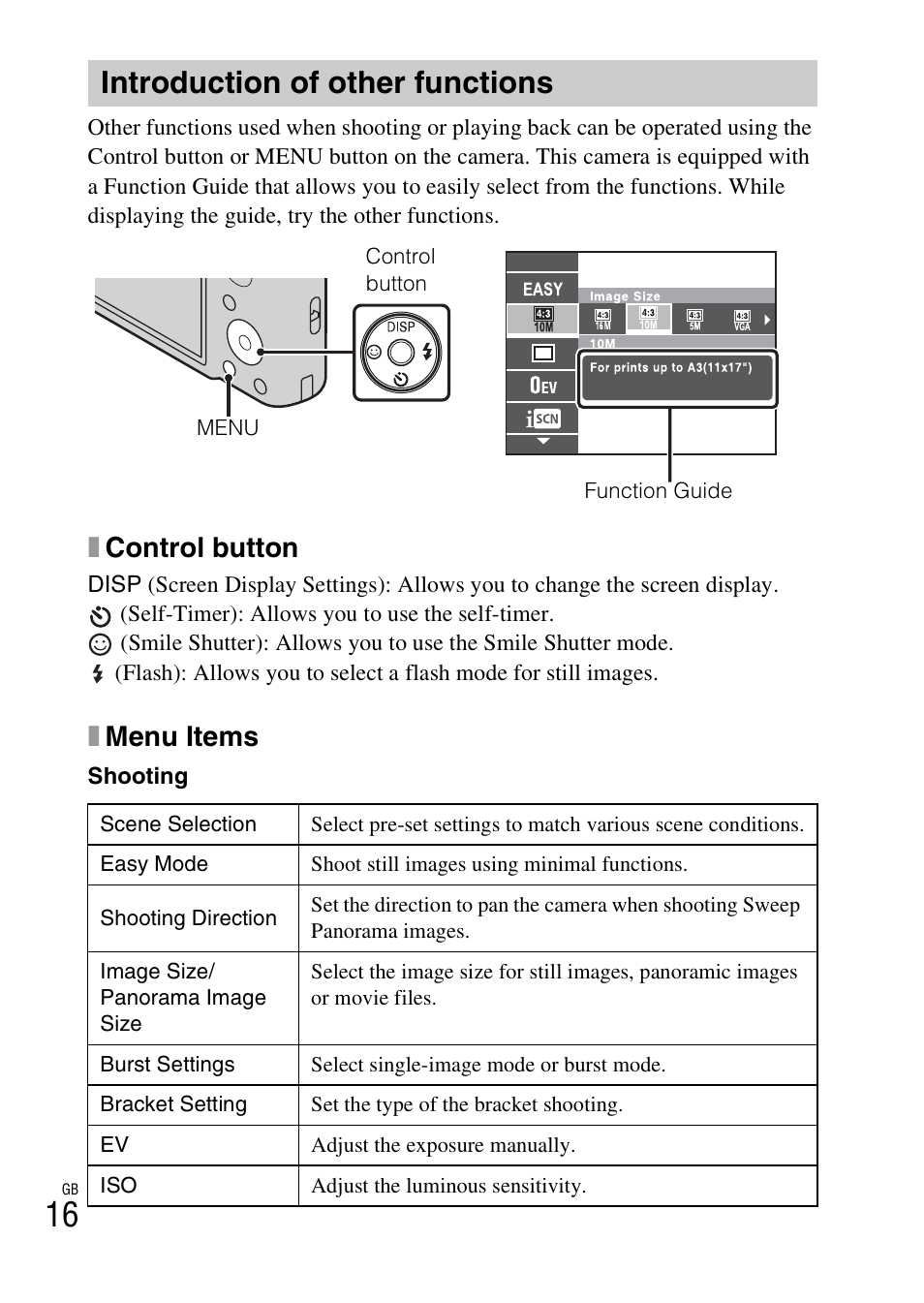 Introduction of other functions, Xcontrol button, Xmenu items | Sony DSC-H70 User Manual | Page 16 / 48