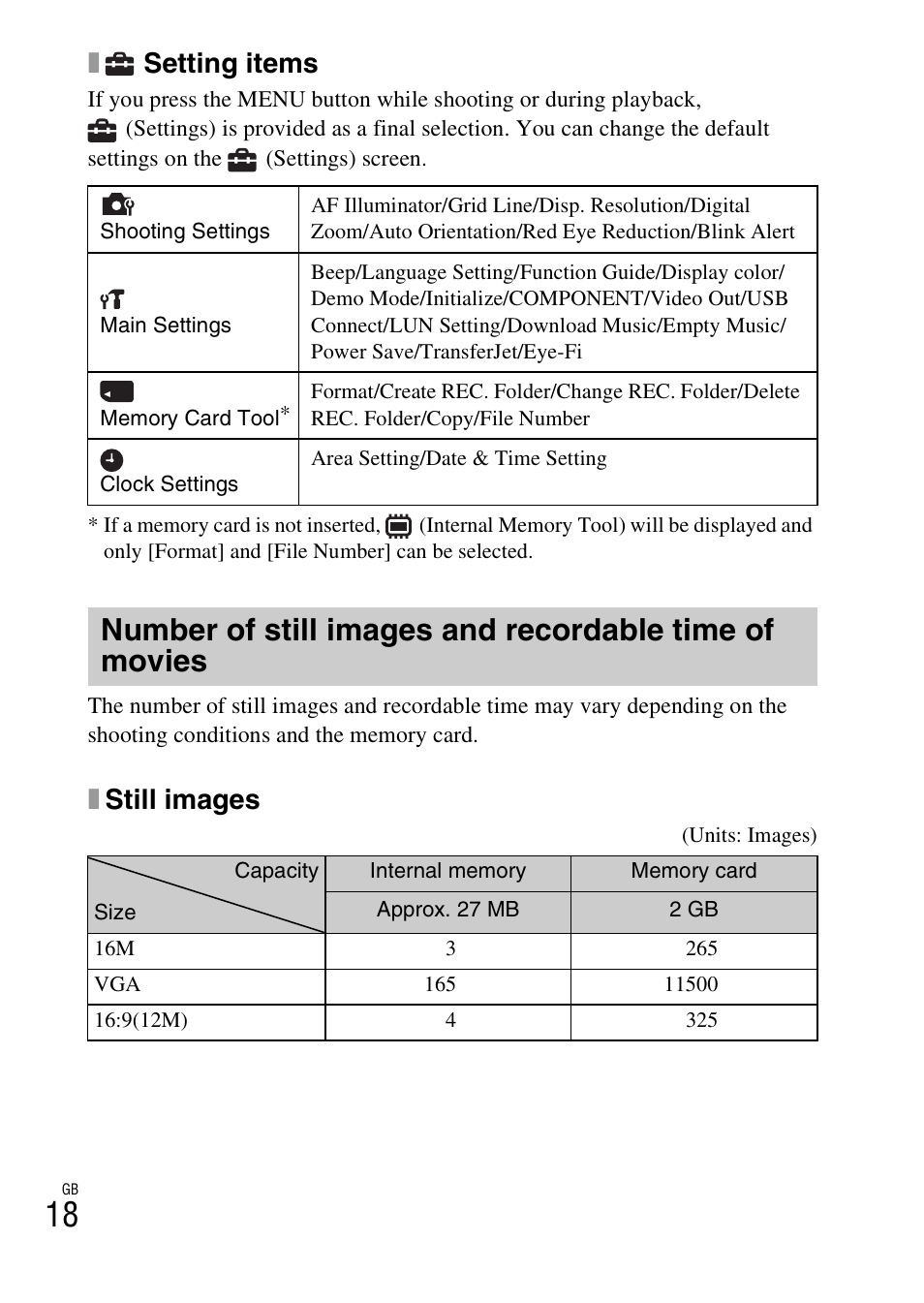 Setting items, Xstill images | Sony DSC-H70 User Manual | Page 18 / 48