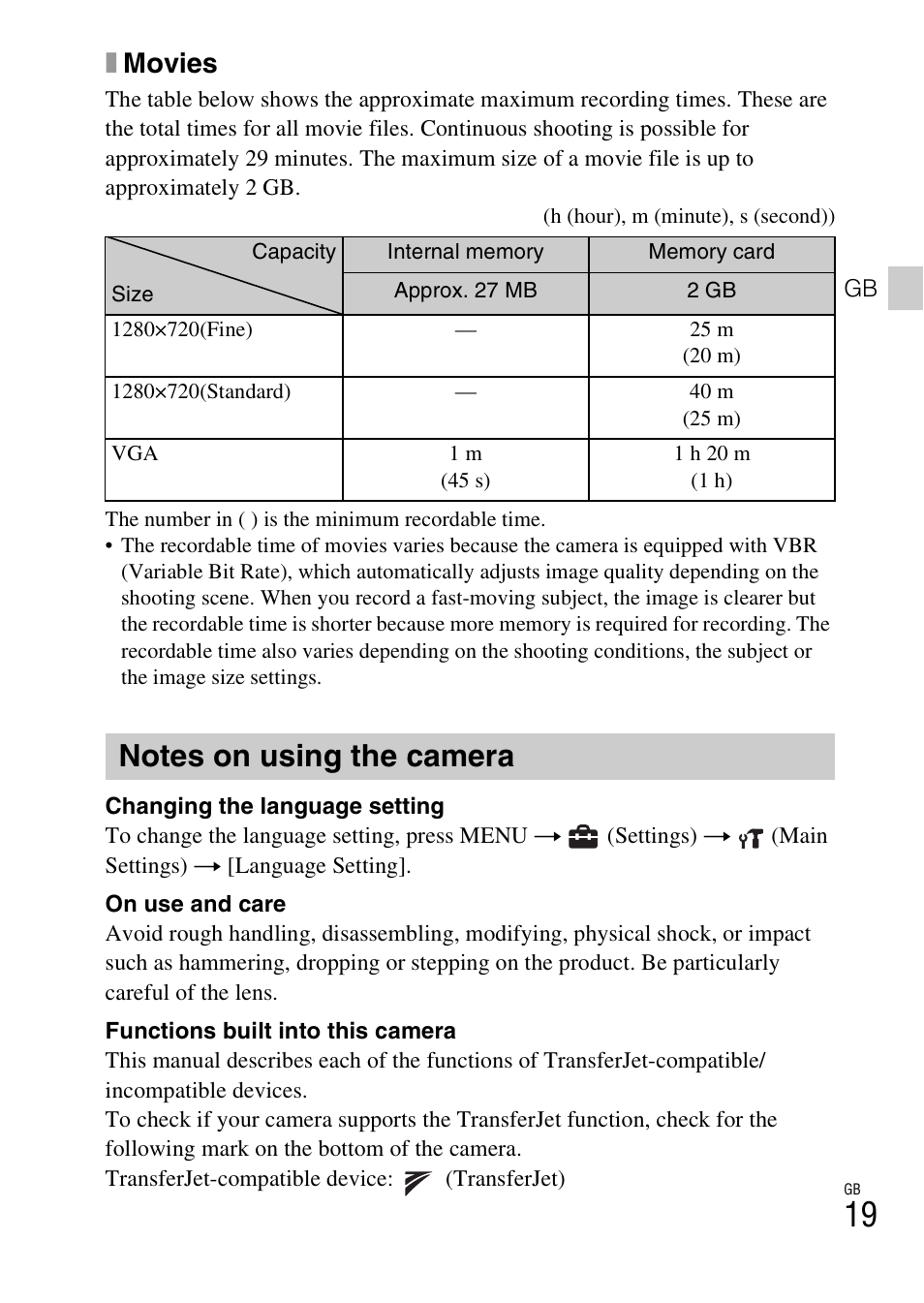 Notes on using the camera, Xmovies | Sony DSC-H70 User Manual | Page 19 / 48