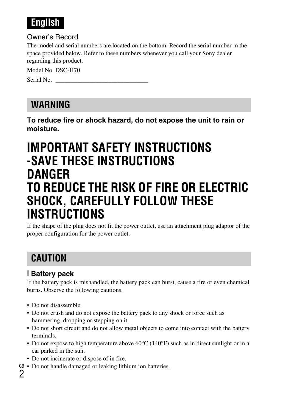 English, English warning caution | Sony DSC-H70 User Manual | Page 2 / 48