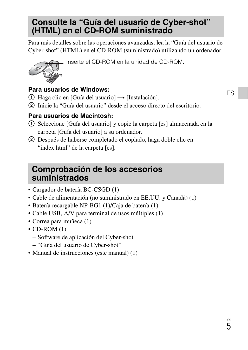 Comprobación de los accesorios suministrados | Sony DSC-H70 User Manual | Page 27 / 48