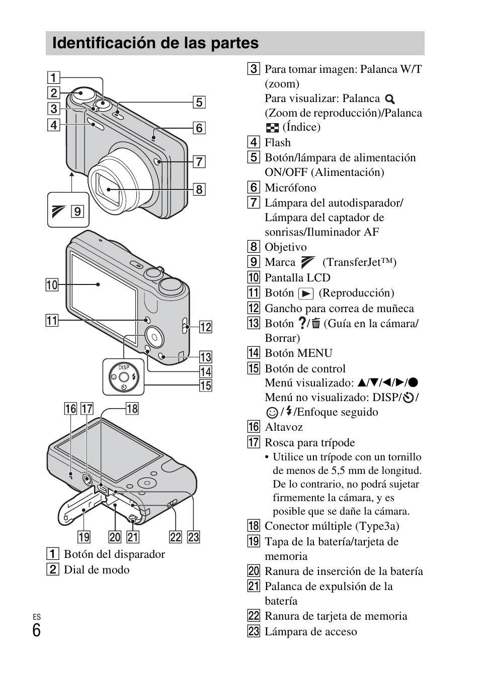 Identificación de las partes | Sony DSC-H70 User Manual | Page 28 / 48