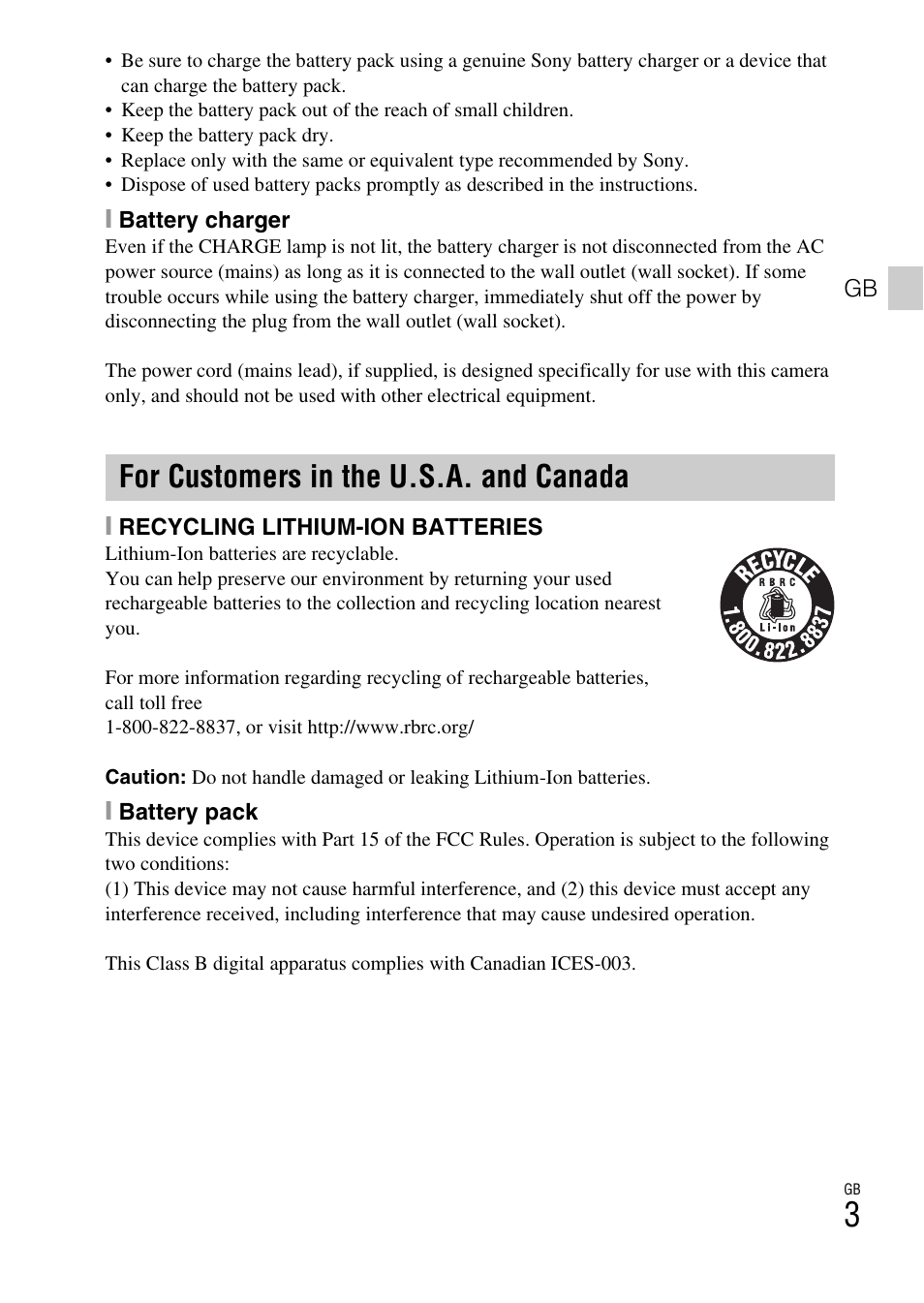 For customers in the u.s.a. and canada | Sony DSC-H70 User Manual | Page 3 / 48