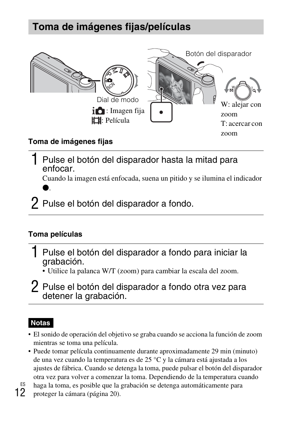 Toma de imágenes fijas/películas | Sony DSC-H70 User Manual | Page 34 / 48