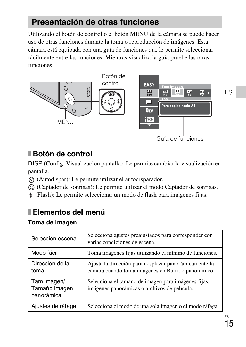 Presentación de otras funciones, Xbotón de control, Xelementos del menú | Sony DSC-H70 User Manual | Page 37 / 48