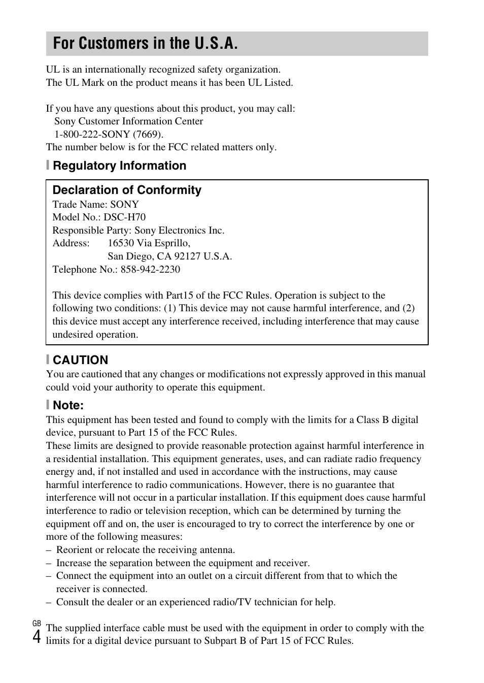 For customers in the u.s.a | Sony DSC-H70 User Manual | Page 4 / 48