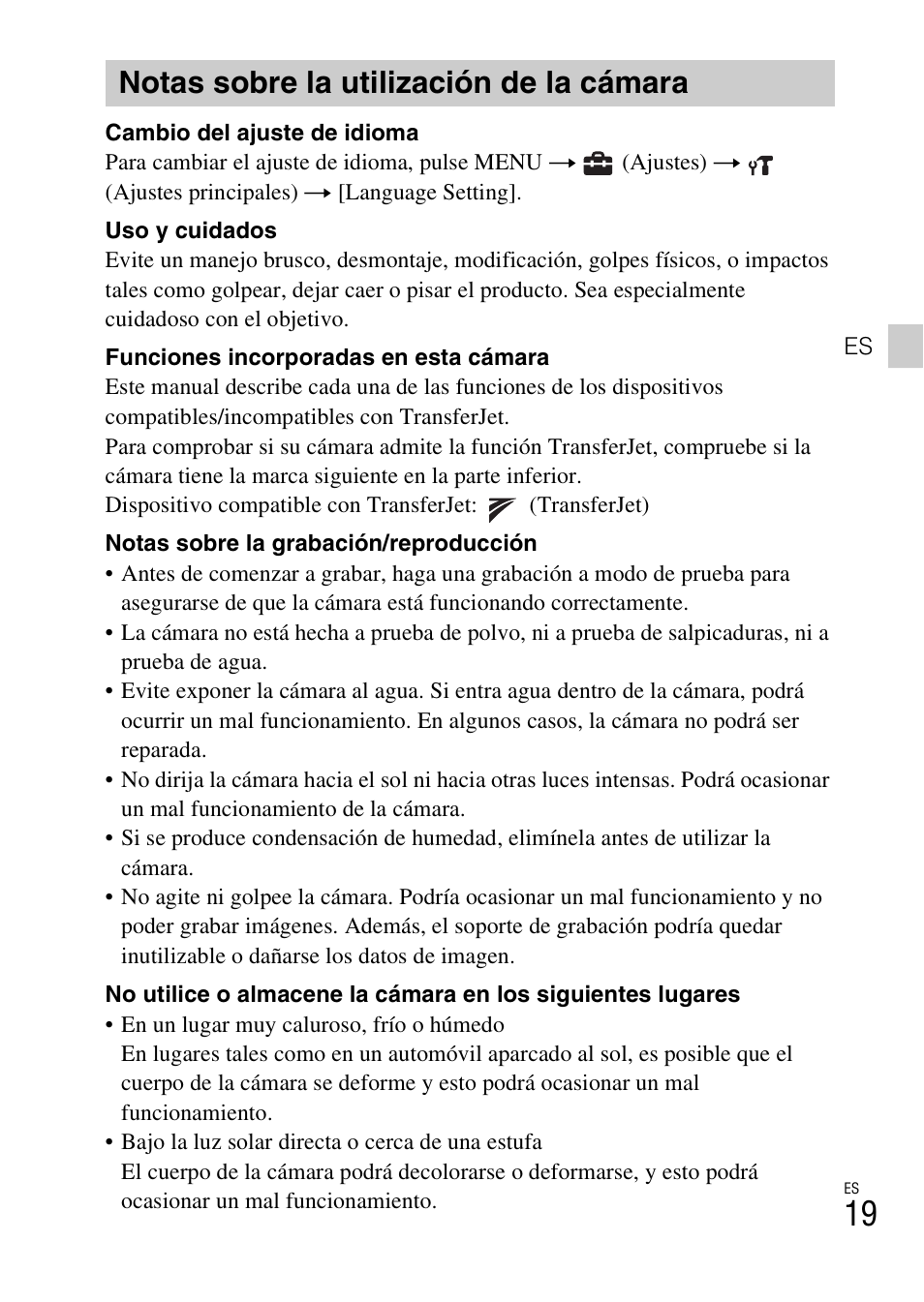 Notas sobre la utilización de la cámara | Sony DSC-H70 User Manual | Page 41 / 48