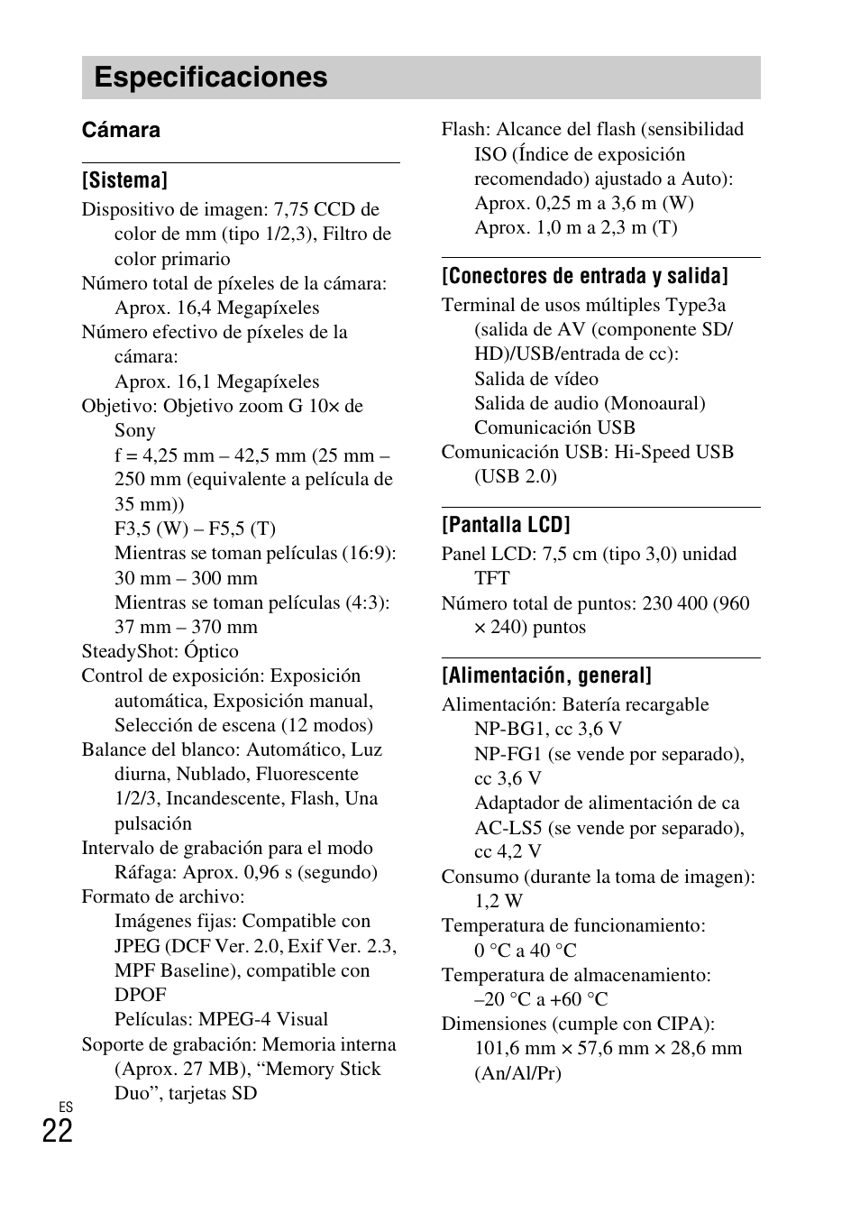 Especificaciones | Sony DSC-H70 User Manual | Page 44 / 48
