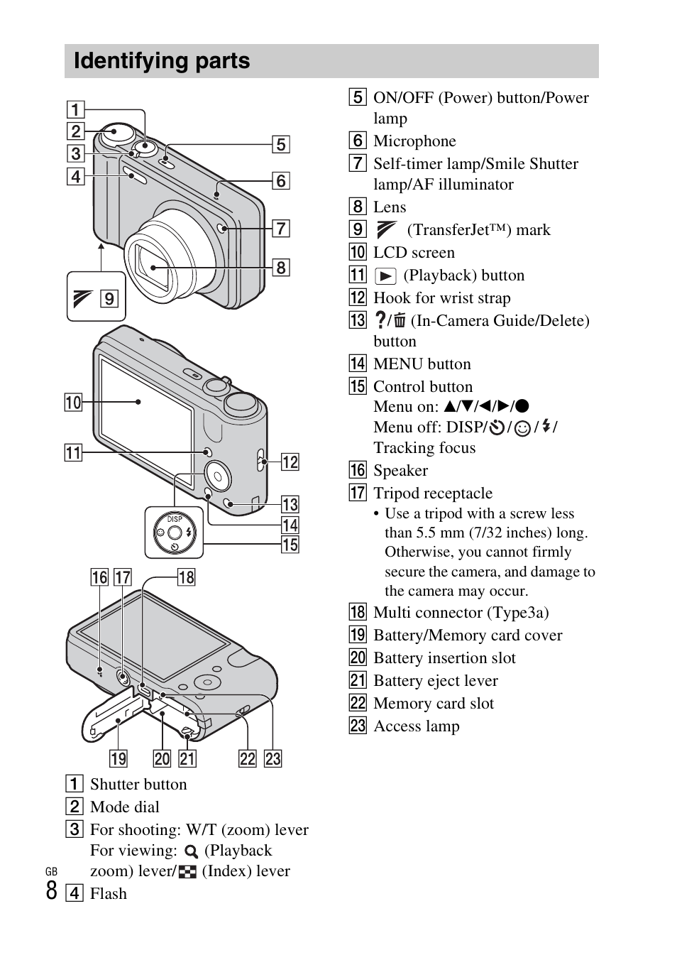 Identifying parts | Sony DSC-H70 User Manual | Page 8 / 48