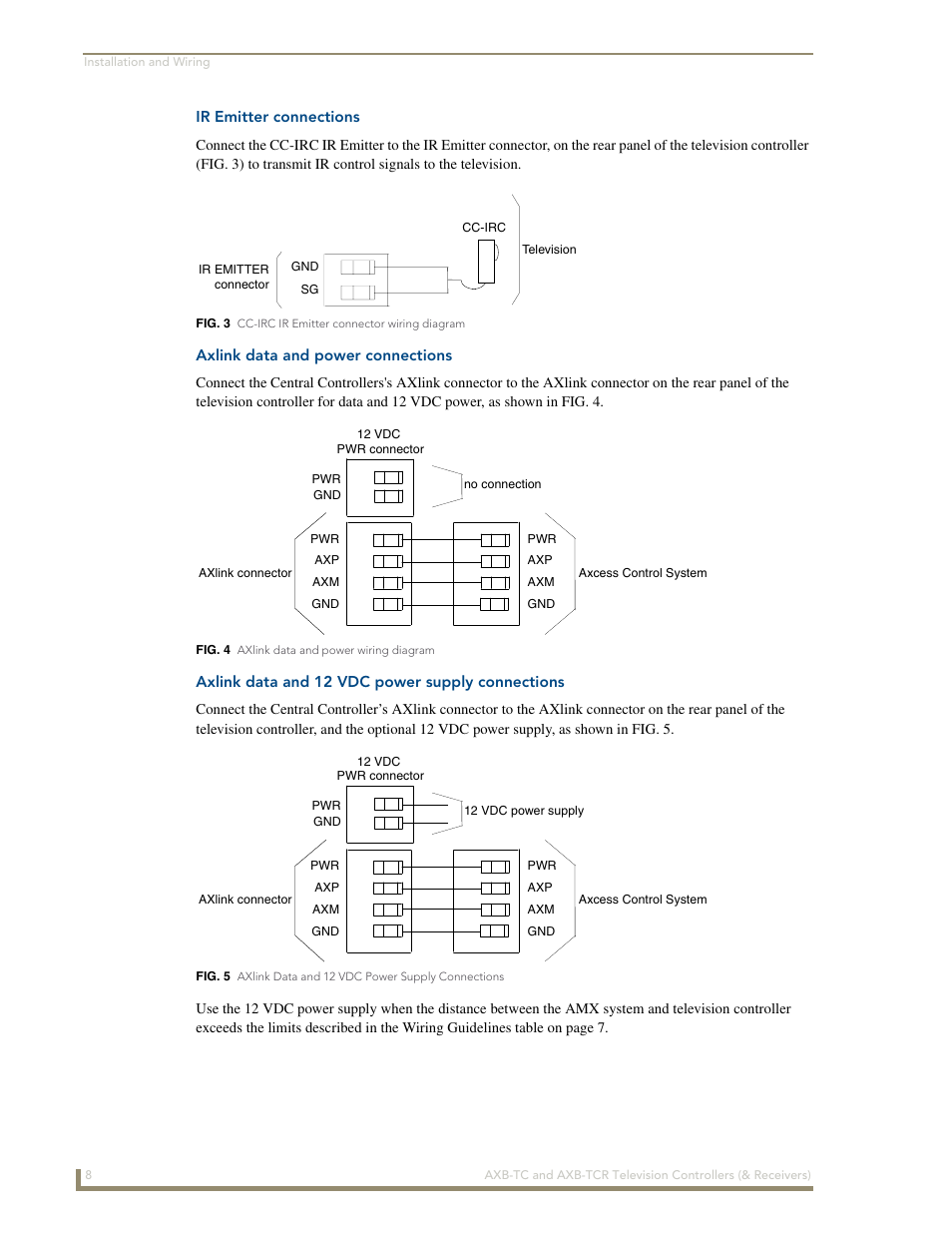 Ir emitter connections, Axlink data and power connections, Axlink data and 12 vdc power supply connections | AMX AXB-TCR User Manual | Page 12 / 28