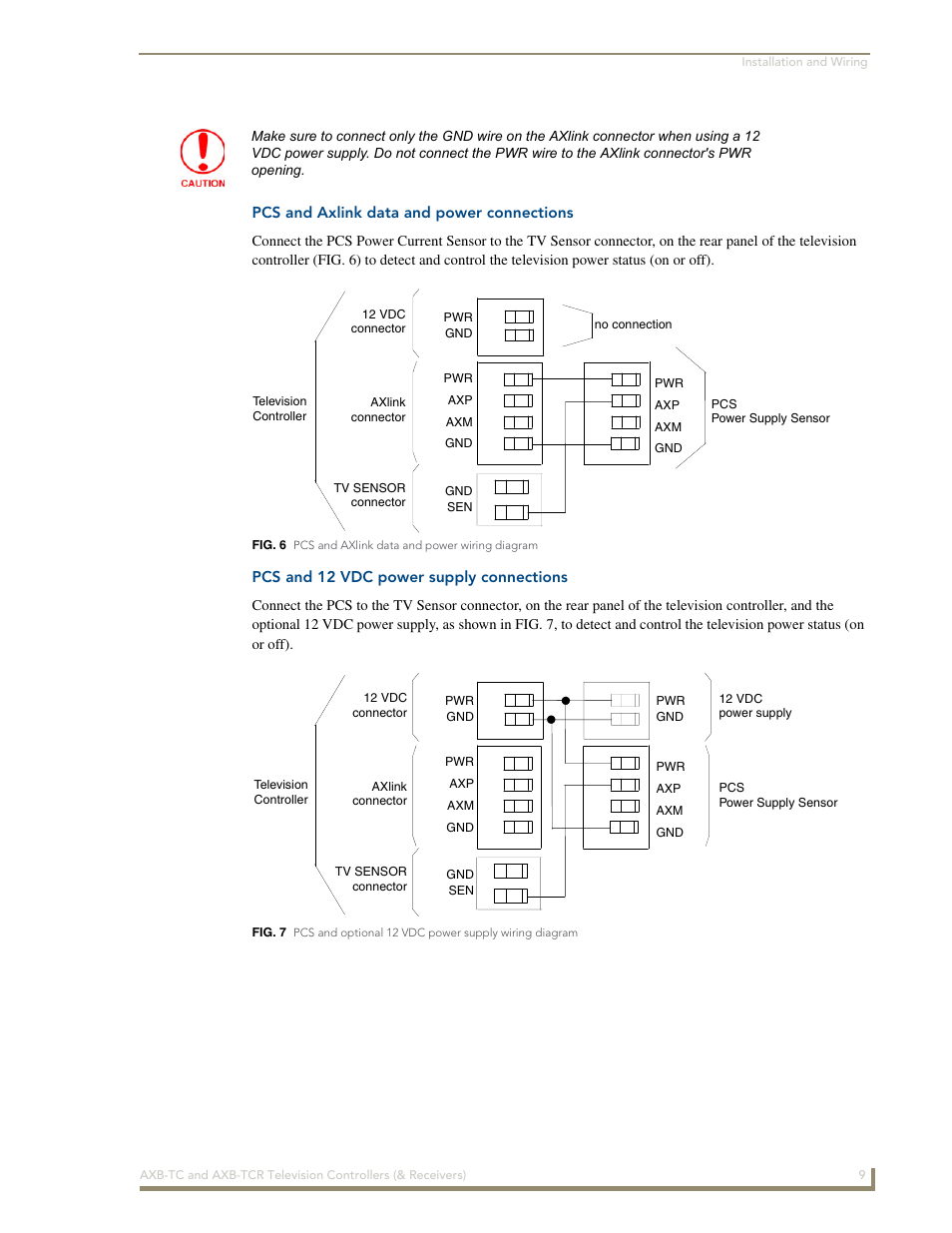 Pcs and axlink data and power connections, Pcs and 12 vdc power supply connections | AMX AXB-TCR User Manual | Page 13 / 28