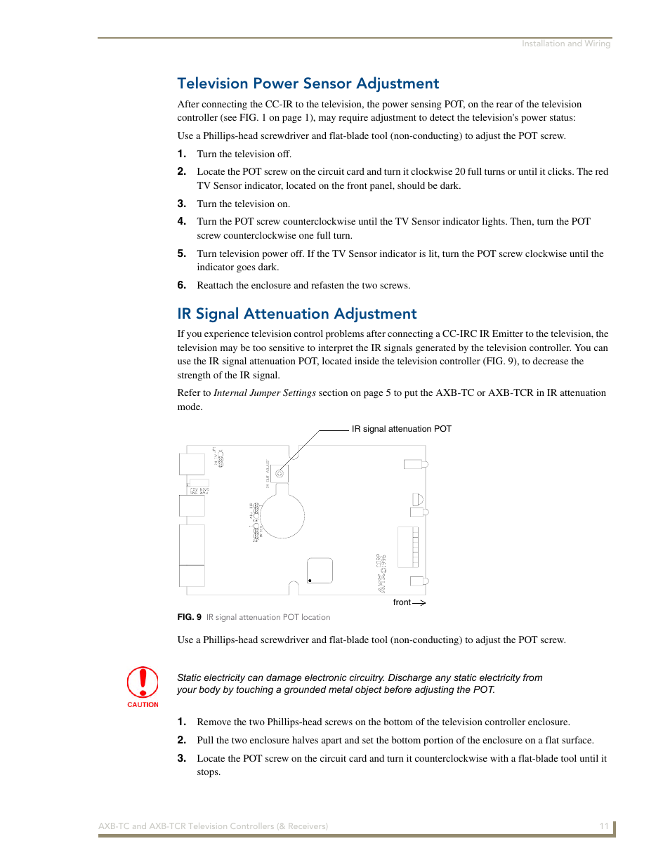 Television power sensor adjustment, Ir signal attenuation adjustment | AMX AXB-TCR User Manual | Page 15 / 28