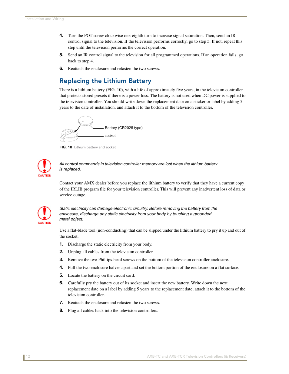 Replacing the lithium battery | AMX AXB-TCR User Manual | Page 16 / 28