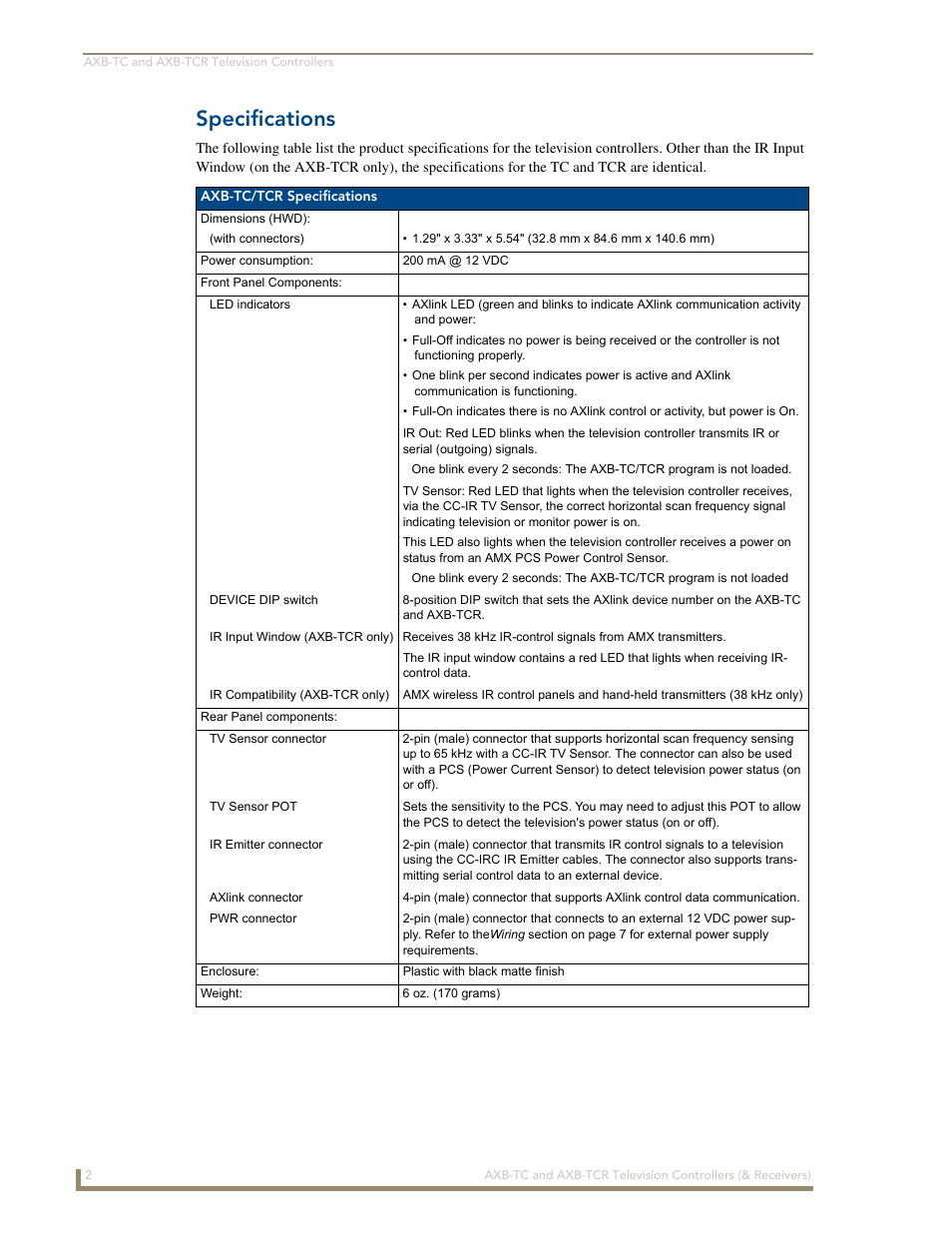 Specifications | AMX AXB-TCR User Manual | Page 6 / 28
